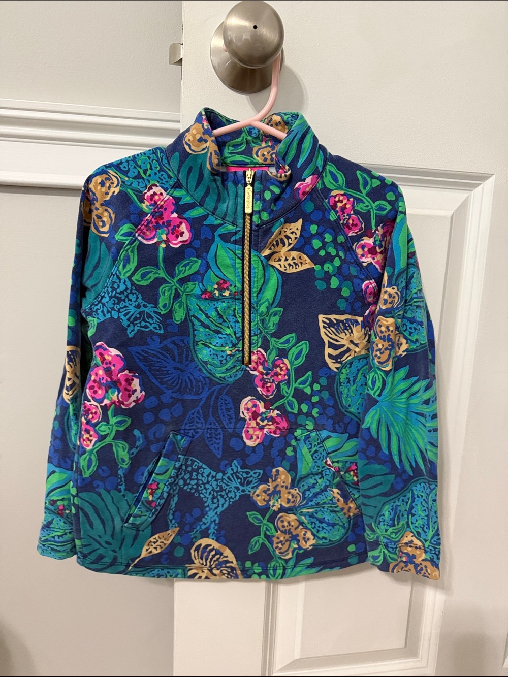 Lilly Pulitzer S 4/5 Navy Blue Jungle Terry 1/4 zip Pullover